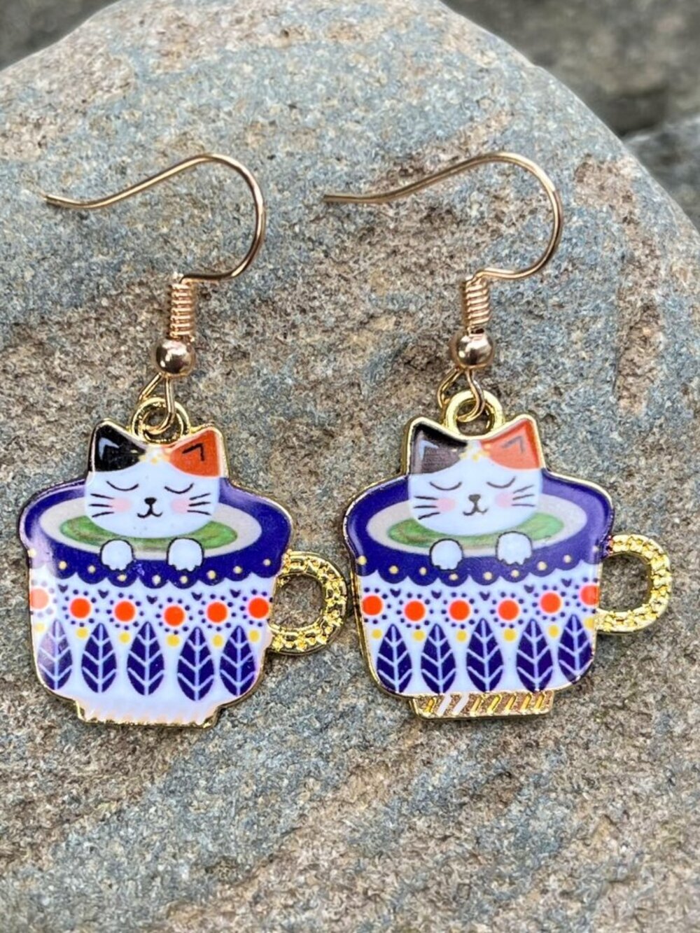 Coffee Cup Kitten Enamel Drop Earrings Colorful | Handmade